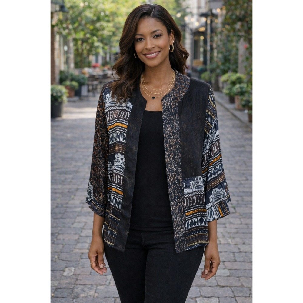 Open‎ Front Jacket Topper Art to Wear Brown Black Chico's Size Small